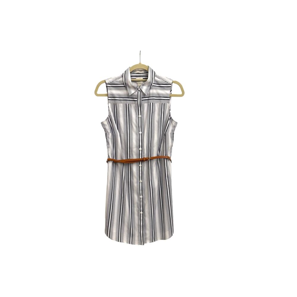 Chico's No Iron Button Down Nautical Lightweight Blue White Stripe Belt Dress 0